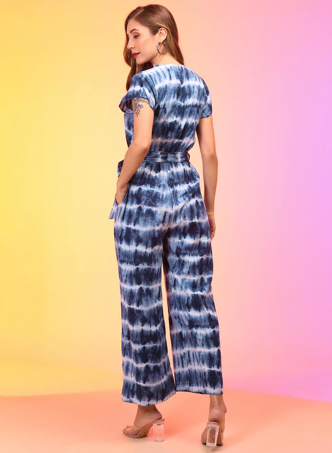 globus Tie Dye V Neck Wrap Waist Tie-Up Jumpsuit - Image 3