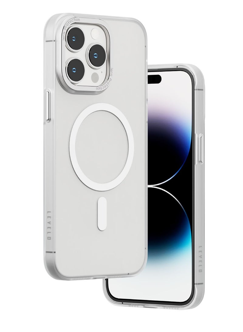 LEVELO iPhone 14 Pro Case MagSafe Glory Matte Back Cover / Anti-Shock Proof / Metal Camera Ring / Ultra-Slim Hard Case / MagSafe Compatibility - Matte Clear/Silver - Image 2