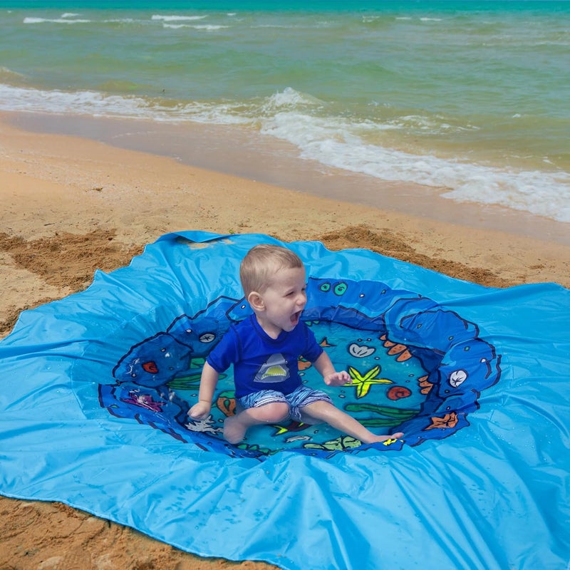 RunNico 6.6 x 6.6 Ft Portable Baby Beach Pool, Waterproof Beach Pool Blanket for Toddler with Water Bag, Collapsible Beach Puddle Mat for Boys Girls Kids Infant Outdoor Summer Vacation - Image 5