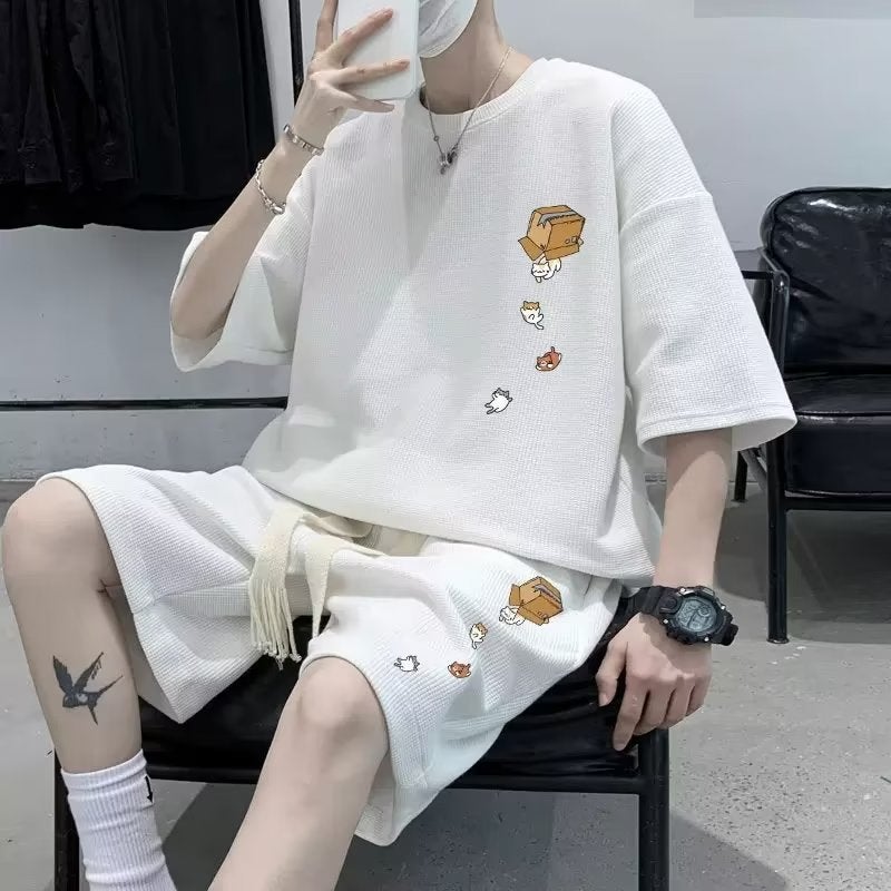 Waffle T-shirt Set Mens Summer Casual Loose Sports Set Outer Wear Teenager Short-sleeved Shorts Two-piece Set White