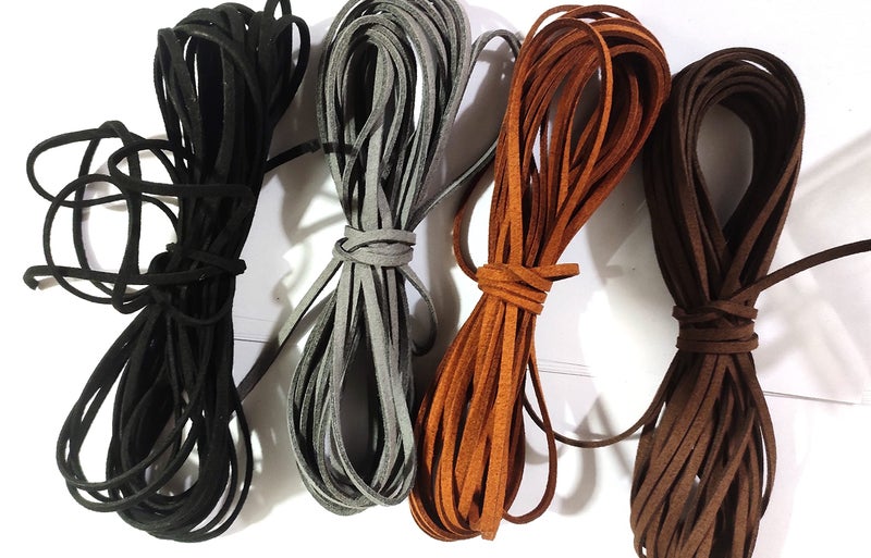 OMX Flat Leather Lace Beading Thread Faux Suede Cord String | DIY Beading Jewellery Making Arts Crafts (2 Mtr Each Colour - Total 8 Mtr, Dark Coffee, Black, Light Brown and Grey) - Image 1