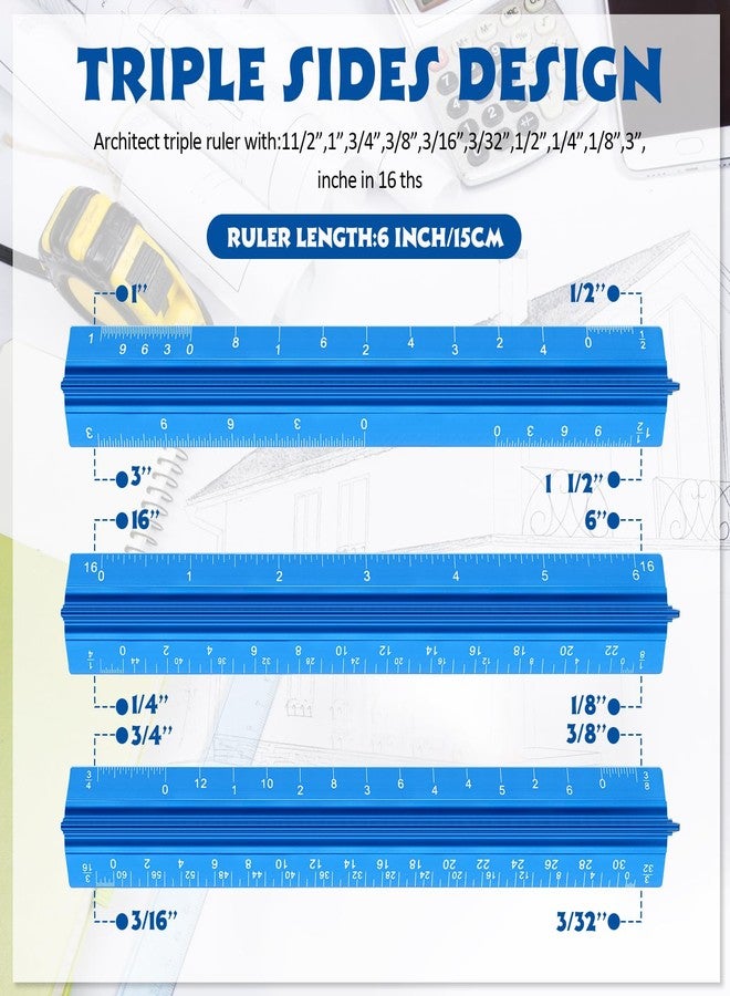 Fumete 12 Pack 6 Inch Architectural Engineering Scale Rulers Small Scale Ruler Pocket Size Scale Ruler Construction Rulers Imperial Measurements for Architects Engineering, Draftsman Drawing(Blue) - Image 2
