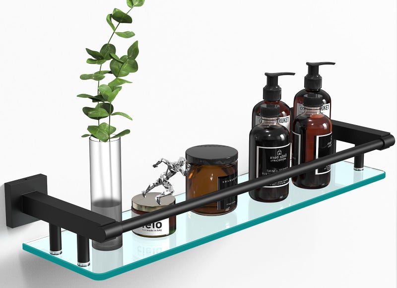 SFGSOWOR Bathroom Glass Shelf 20IN Rectangular Stainless Steel Tempered Glass Shelves Modern Stainless Steel Wall Mount Bathroom Shelf Matte Black 20