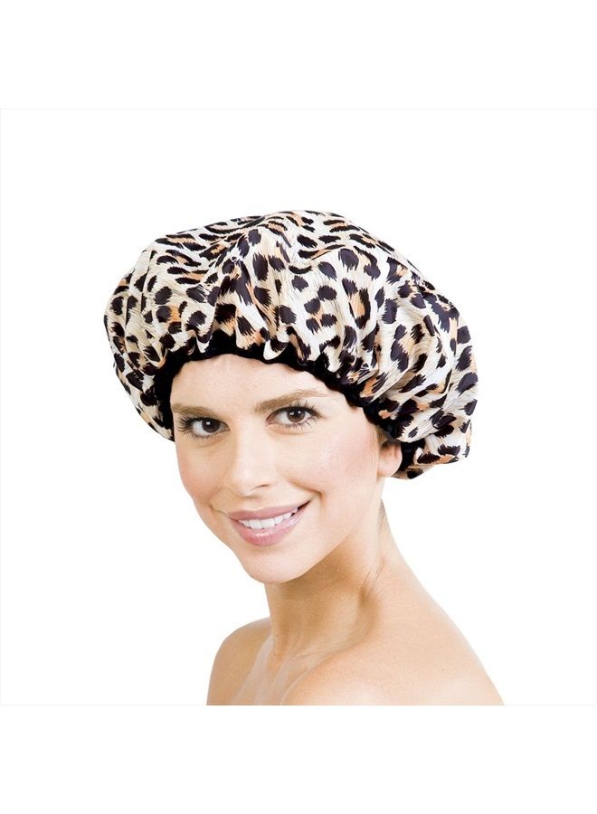 Betty Dain Reusable Nylon Shower Cap & Bath Cap, Reversible Oversized Waterproof Shower Caps Large Designed for all Hair Lengths w Terry Lining & Elastic Band Stretch Hem Hair Hat - Socialite Safari Spots - Image 2