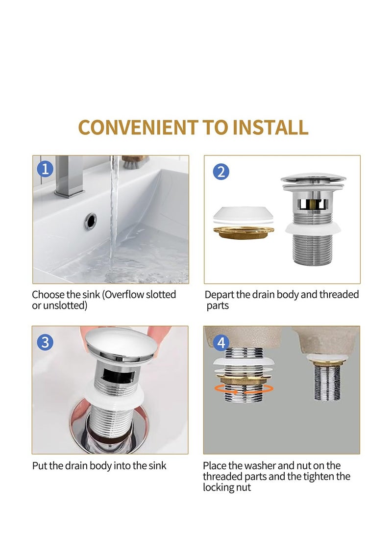 Pop Up Basin Plug - Solid Brass Click Clack Sink Waste Drainer, Universal G 1-1/4 Connection for All Standard Wash Basins, Sinks, Vanity