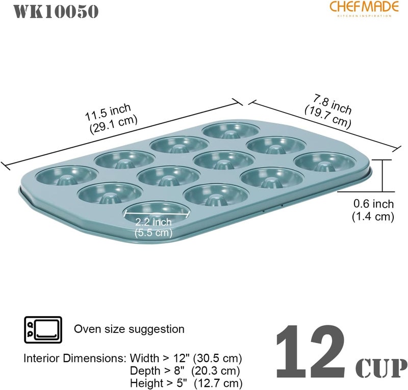 chefmade Donut Pan, Nonstick Mini 12 Cavity Ring Donut pan for Baking, Bagel Pan Bakeware for Oven Baking(Green) - Image 2