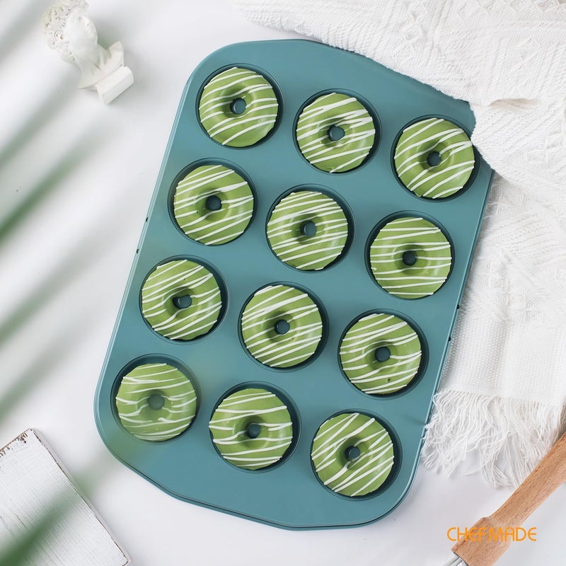 chefmade Donut Pan, Nonstick Mini 12 Cavity Ring Donut pan for Baking, Bagel Pan Bakeware for Oven Baking(Green) - Image 3