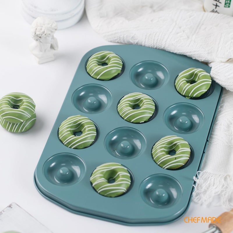 chefmade Donut Pan, Nonstick Mini 12 Cavity Ring Donut pan for Baking, Bagel Pan Bakeware for Oven Baking(Green) - Image 4