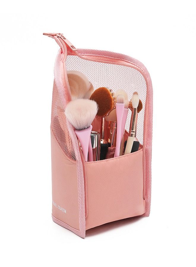 Stand-Up Makeup Brush Storage Organizer Bag, Waterproof Dust Free Travel Makeup Brush Holder, Zipper Cosmetic Pen Case Bag with Divider (Pink) - Image 1