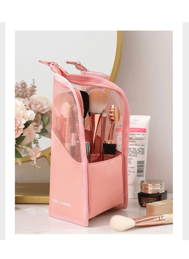 Stand-Up Makeup Brush Storage Organizer Bag, Waterproof Dust Free Travel Makeup Brush Holder, Zipper Cosmetic Pen Case Bag with Divider (Pink) - Image 5