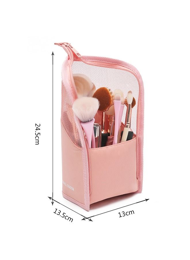 Stand-Up Makeup Brush Storage Organizer Bag, Waterproof Dust Free Travel Makeup Brush Holder, Zipper Cosmetic Pen Case Bag with Divider (Pink) - Image 2