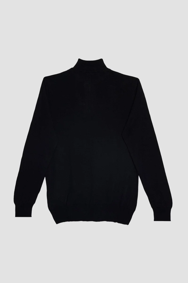 تودورس Men's Classic Fit Regular Cut Woolen Zippered Black Stand Collar Knitwear Sweater