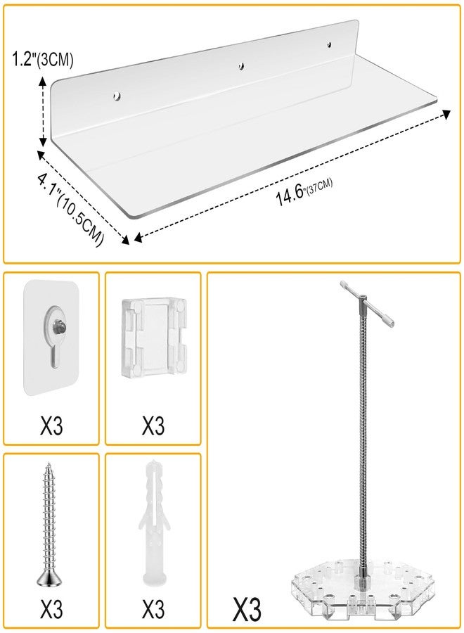 FaitAtten 3 Pack Acrylic Floating with Metal Snake Tube Bracket Action Figure Stand Wall Shelf,Action Figure Display Holder Stand Base Compatible with HG RG SD SHF Gundam 1/144 Toy - Image 2