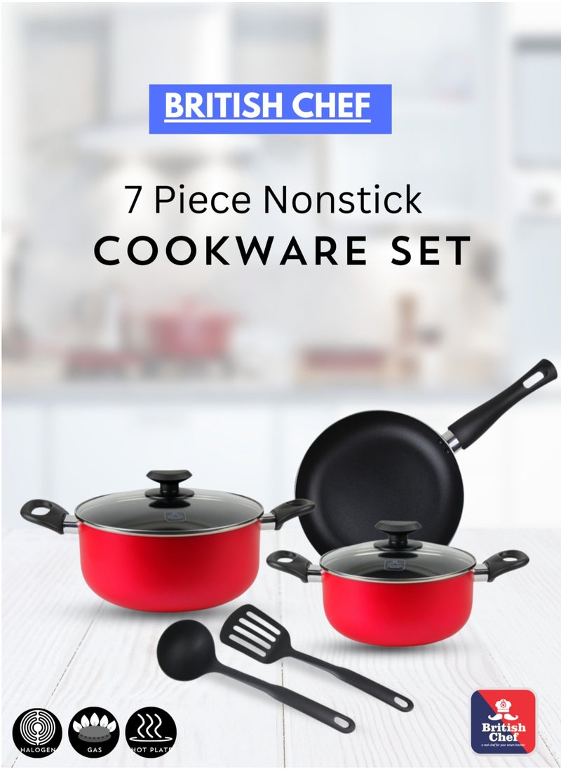 British Chef - 7-Piece Nonstick Cookware Set: Includes a 24CM casserole with lid, a 20CM casserole with lid, a 24CM frying pan, a nylon turner, and a nylon ladle (Model: BC131) - Image 1