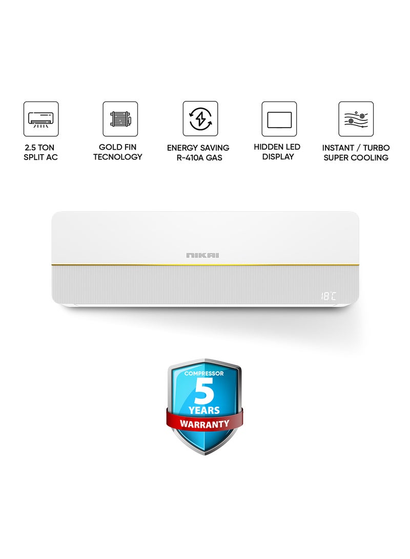 NIKAI 2.5 Ton Split AC, Energy Efficient Cooling with T3 Tropical Rotary Compressor, Turbo Mode with 4 Way Swing, 30000 BTU Air Conditioner, Gold Fin Technology, Ideal for Home & Office - NSAC30131N24 White - Image 1