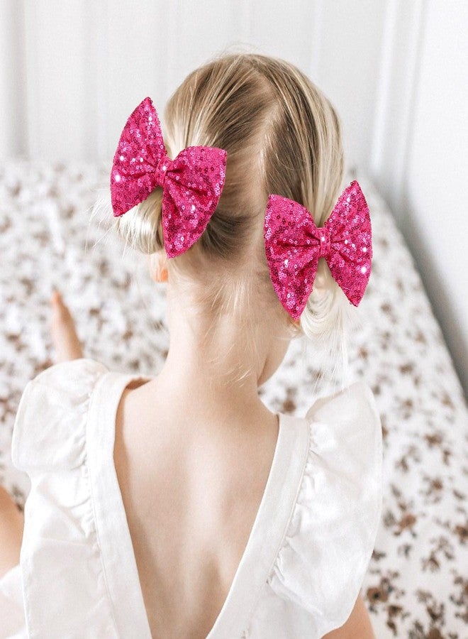 CN 5 Inch Glitter Hot Pink Hair Bows for Girls Alligator Clips Sparkly Sequin Hair Accessories for Kids Toddler Women on Birthday Wedding Christmas and Party - Image 4
