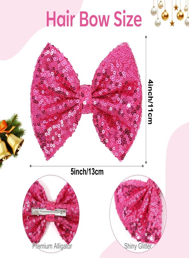 CN 5 Inch Glitter Hot Pink Hair Bows for Girls Alligator Clips Sparkly Sequin Hair Accessories for Kids Toddler Women on Birthday Wedding Christmas and Party - Image 3