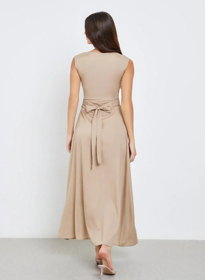 Maxim Creation Maxim Creation Beige Maxi Dress with Tie Belt