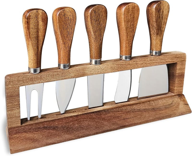 Linwnil 5-Piece Wood Cheese Knife Set with Wood Knife Block for Charcuterie Board,Charcuterie Boards Accessories Charcuterie Utensils Tools (DJ-2) - Image 1