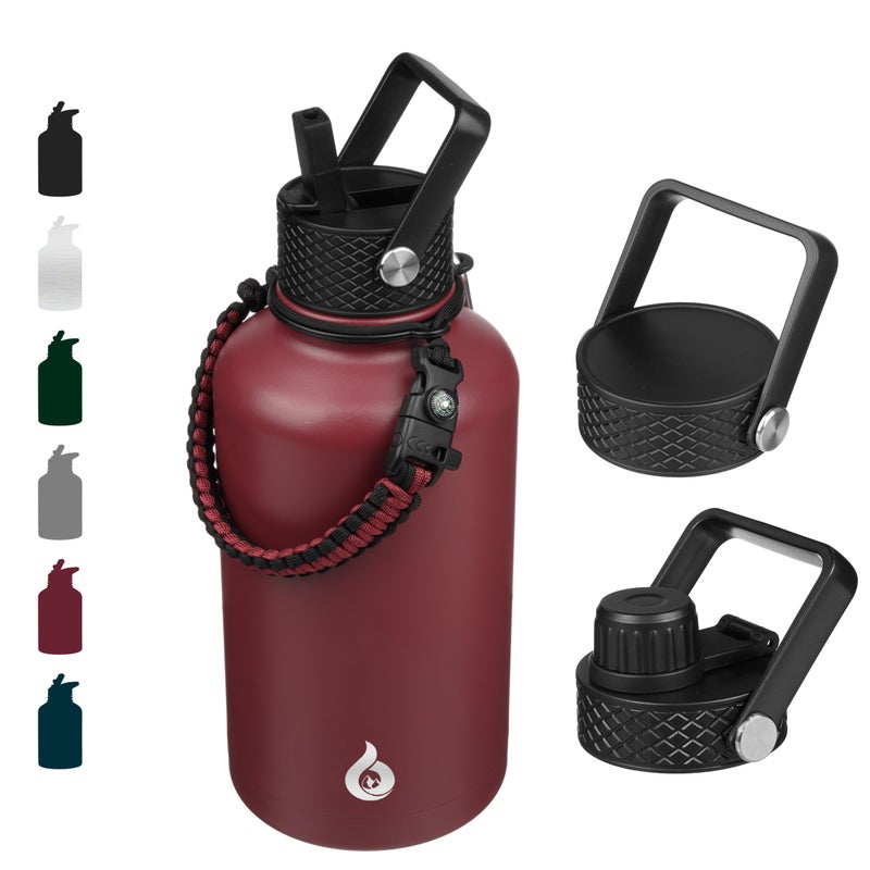 BJPKPK Half Gallon Insulated Water Bottles with Straw Lid 64oz Large Water Jug Stainless Steel Bottles with 3 Lids and Paracord Handle Thermos for Hot  Cold Liquid Brick Red
