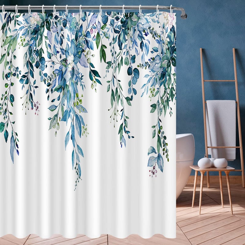 Nuseiis Blue Eucalyptus Shower Curtain Sets  Watercolor Plant Leaves Bathroom Shower Curtain  Waterproof Fabric Shower Curtain  72x72 Inch