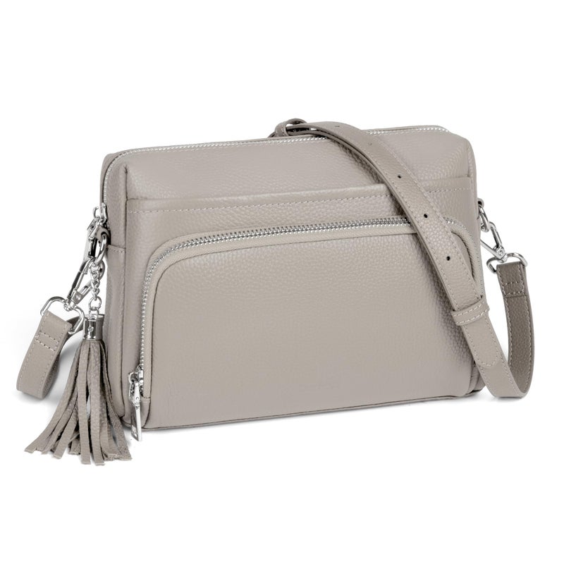 befen Soft Real Leather Small Crossbody Purses for Women, Ladies Anti-Theft Shoulder Bag Handbag Purse with Adjustable Strap & Built in RFID Wallet Beige Grey - Image 1