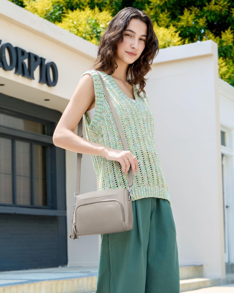 befen Soft Real Leather Small Crossbody Purses for Women, Ladies Anti-Theft Shoulder Bag Handbag Purse with Adjustable Strap & Built in RFID Wallet Beige Grey - Image 2