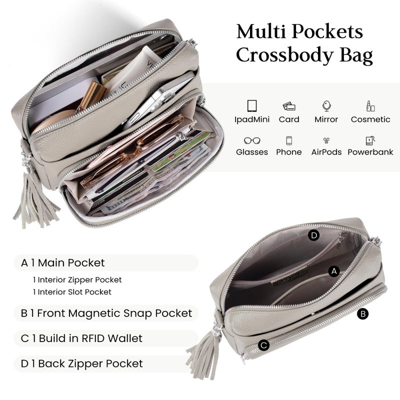 befen Soft Real Leather Small Crossbody Purses for Women, Ladies Anti-Theft Shoulder Bag Handbag Purse with Adjustable Strap & Built in RFID Wallet Beige Grey - Image 4