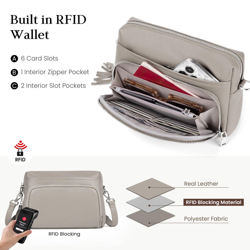 befen Soft Real Leather Small Crossbody Purses for Women, Ladies Anti-Theft Shoulder Bag Handbag Purse with Adjustable Strap & Built in RFID Wallet Beige Grey - Image 3