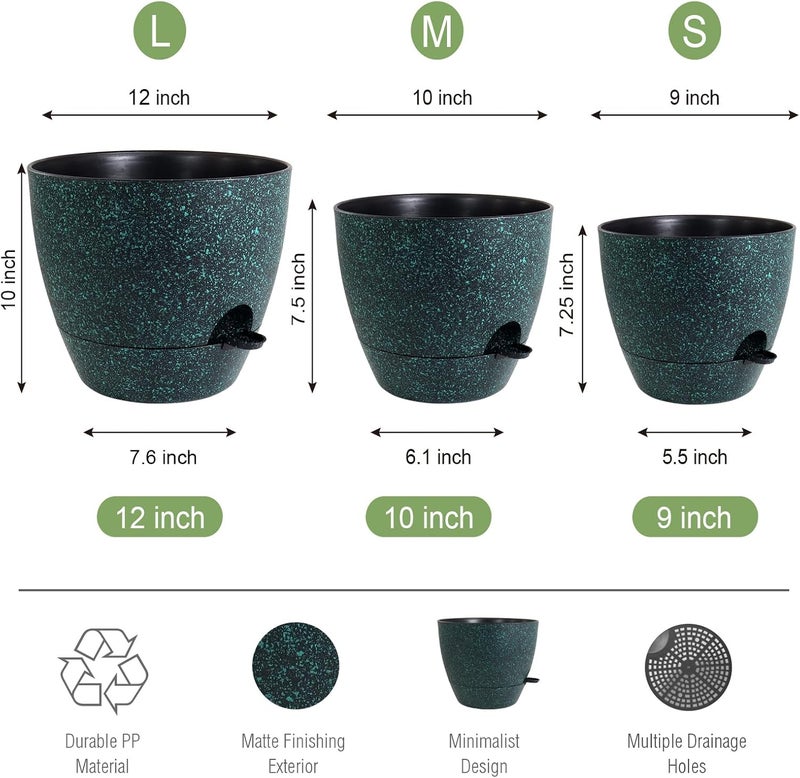 UOUZ Large Self Watering Pots, 12/10/9 Plastic Planters with High Drainage Holes and Deep Reservoir for Indoor Outdoor Garden Plants and Flowers, Black with Green Speckles - Image 2