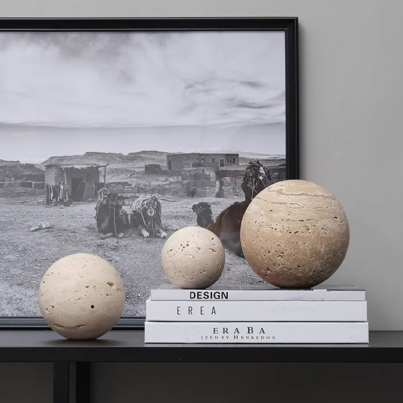 Artisanal Abode Yellow Travertine Marble Sphere, Hand-Polished Natural Stone Ball Decor, Living Room Accent (12cm Diameter) - Image 1