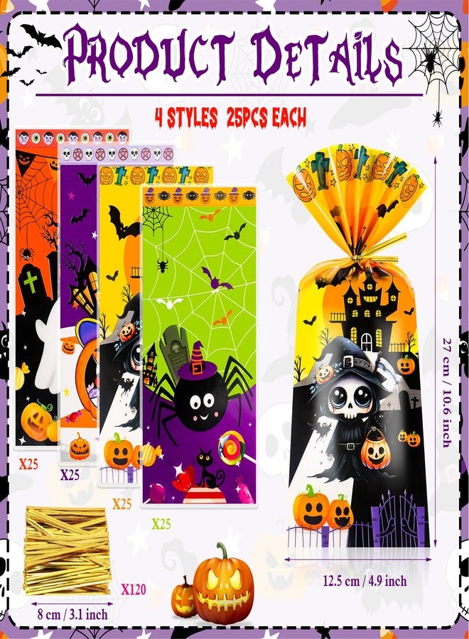 Konsait 100 PCS Halloween Cellophane Treat Bags with Golden Twist Ties Trick or Treat Bags for Helloween Themed Party Supplies and Favors - Image 2