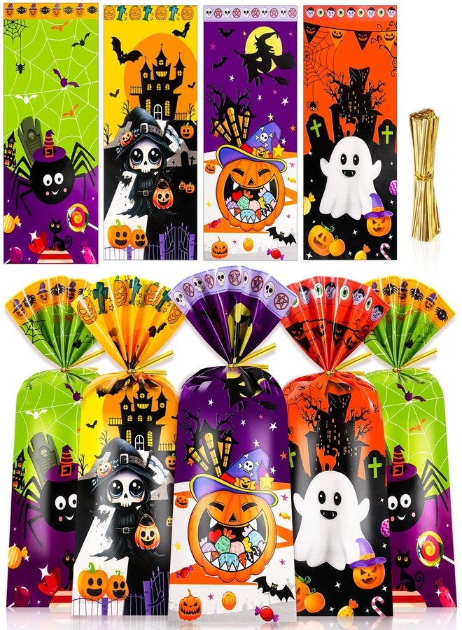 Konsait 100 PCS Halloween Cellophane Treat Bags with Golden Twist Ties Trick or Treat Bags for Helloween Themed Party Supplies and Favors - Image 1
