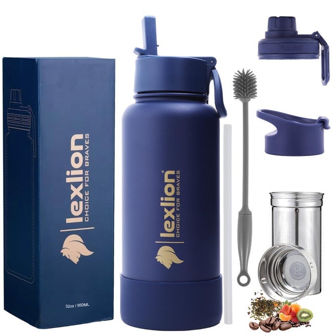 TEA INFUSER BOTTLE FRUIT INFUSER WATER BOTTLE 32 OZ TRIPLE WALLED INSULATED STAINLESS STEEL BOTTLE THERMAL LEAF INFUSER SILICONE SLEEVE 3 LIDS LEAKPROOF METAL MUG GALLON