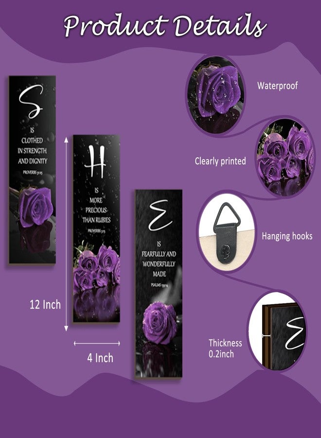 DONFENTHY 3 Pcs Purple Bedroom Decor Purple Rose Wooden Wall Decor Purple Bathroom Decor Inspirational Farmhouse Office Signs With SHE Bible Words Decor For Women Girl Bedroom Home(Purple 12x4Inch) - Image 4
