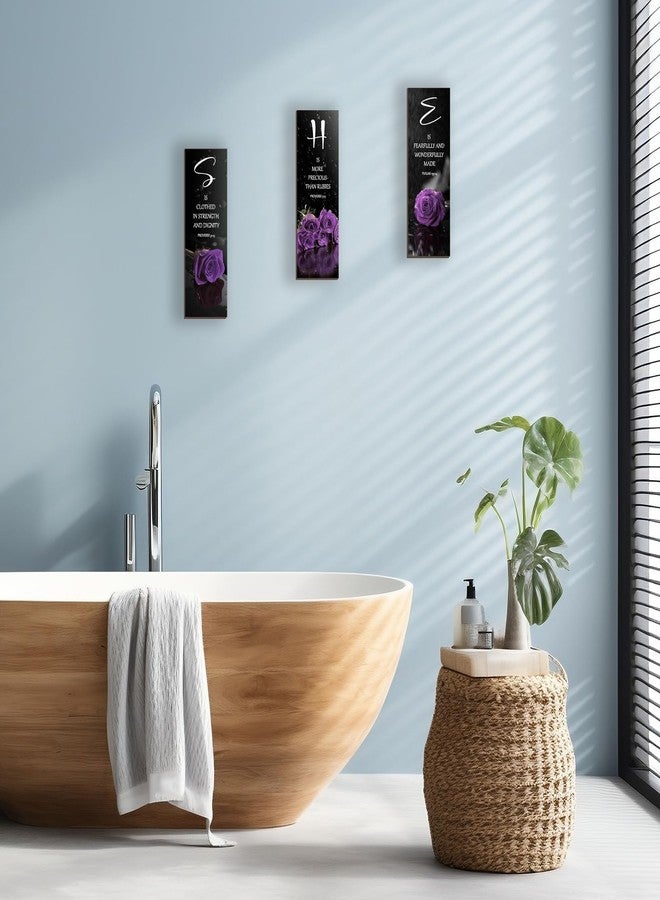 DONFENTHY 3 Pcs Purple Bedroom Decor Purple Rose Wooden Wall Decor Purple Bathroom Decor Inspirational Farmhouse Office Signs With SHE Bible Words Decor For Women Girl Bedroom Home(Purple 12x4Inch) - Image 3