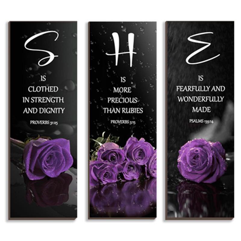 DONFENTHY 3 Pcs Purple Bedroom Decor Purple Rose Wooden Wall Decor Purple Bathroom Decor Inspirational Farmhouse Office Signs With SHE Bible Words Decor For Women Girl Bedroom Home(Purple 12x4Inch) - Image 1