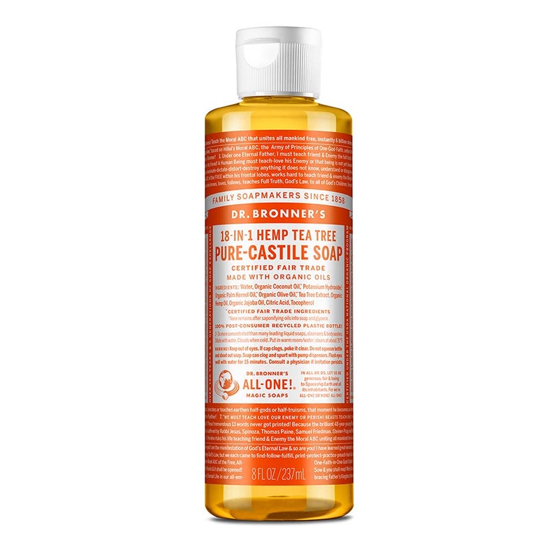 Dr. Bronner's Dr Bronners  PureCastile Liquid Soap Tea Tree 8 ounce  Made with Organic Oils 18in1 Uses AcneProne Skin Dandruff Laundry Pets and Dishes Concentrated Vegan NonGMO