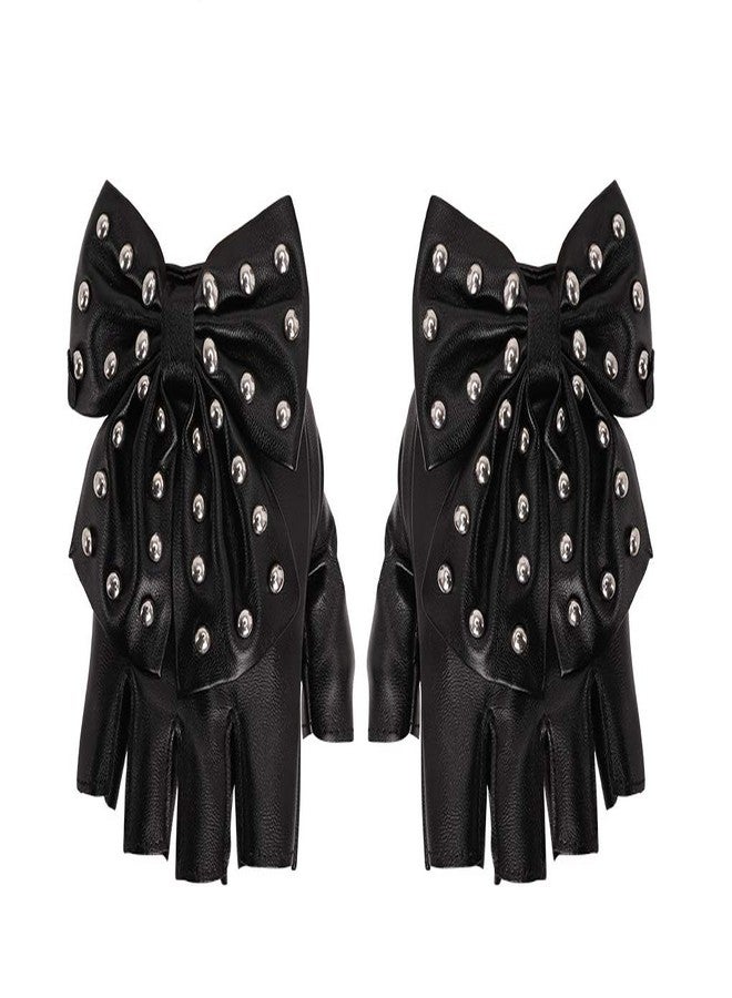 PURFUN Punk Rock Big Bowknot Rivets PU Leather Half Finger Gloves Women Stage Performance Club Dance Gloves Mittens Cosplay Halloween Costume Accessory - Image 4