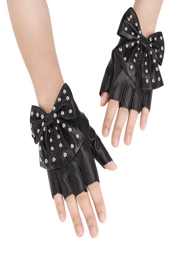 PURFUN Punk Rock Big Bowknot Rivets PU Leather Half Finger Gloves Women Stage Performance Club Dance Gloves Mittens Cosplay Halloween Costume Accessory - Image 2