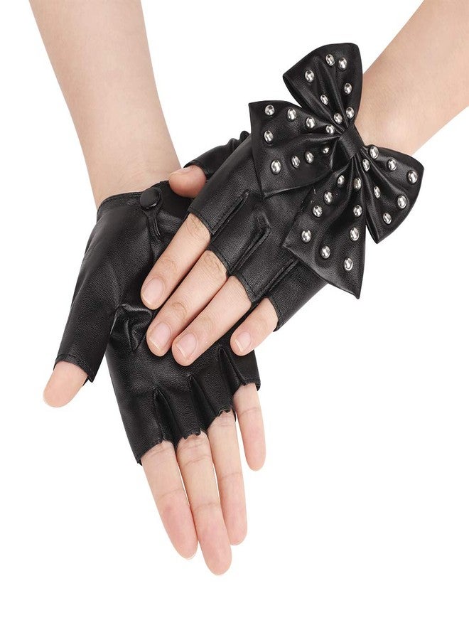 PURFUN Punk Rock Big Bowknot Rivets PU Leather Half Finger Gloves Women Stage Performance Club Dance Gloves Mittens Cosplay Halloween Costume Accessory - Image 3