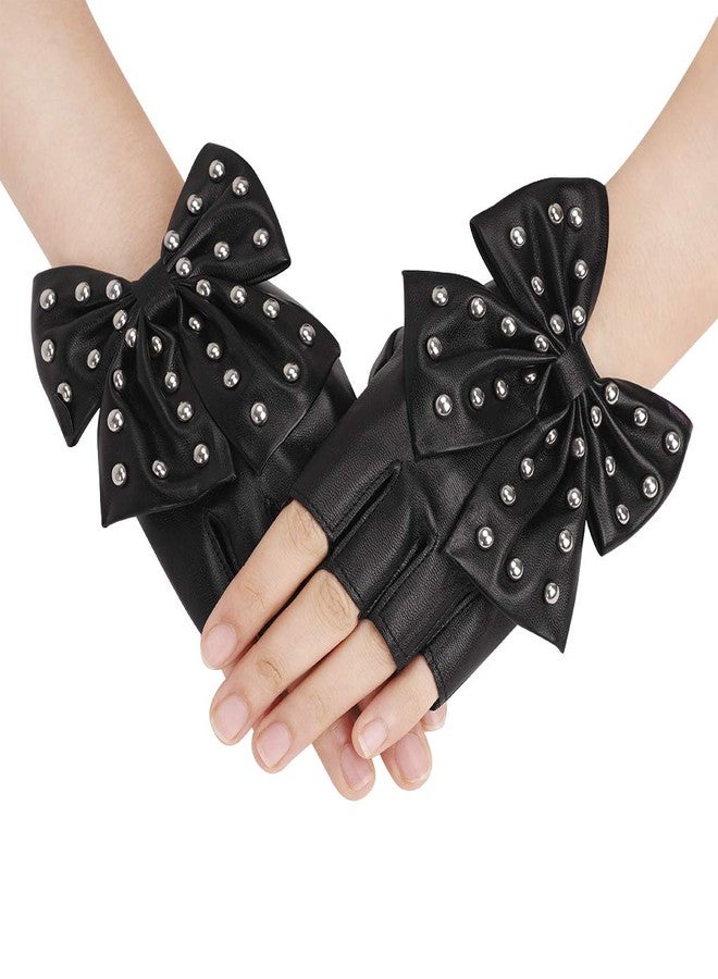 PURFUN Punk Rock Big Bowknot Rivets PU Leather Half Finger Gloves Women Stage Performance Club Dance Gloves Mittens Cosplay Halloween Costume Accessory - Image 1