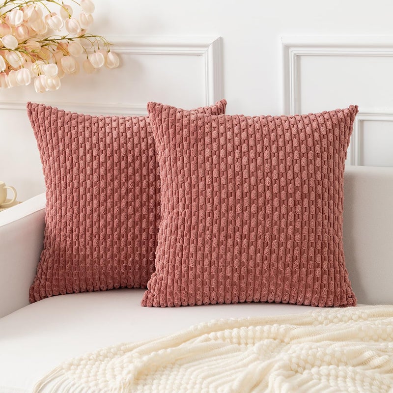 K KEVIN TEXTILE Kevin Textile Throw Pillow Covers Soft Corduroy Decorative Set of 2 Boho Striped Pillow Covers Pillowcases Valentines Day Farmhouse Home Decor for Couch Bed Sofa Living Room 18x18 Inch Blush Pink - Image 1
