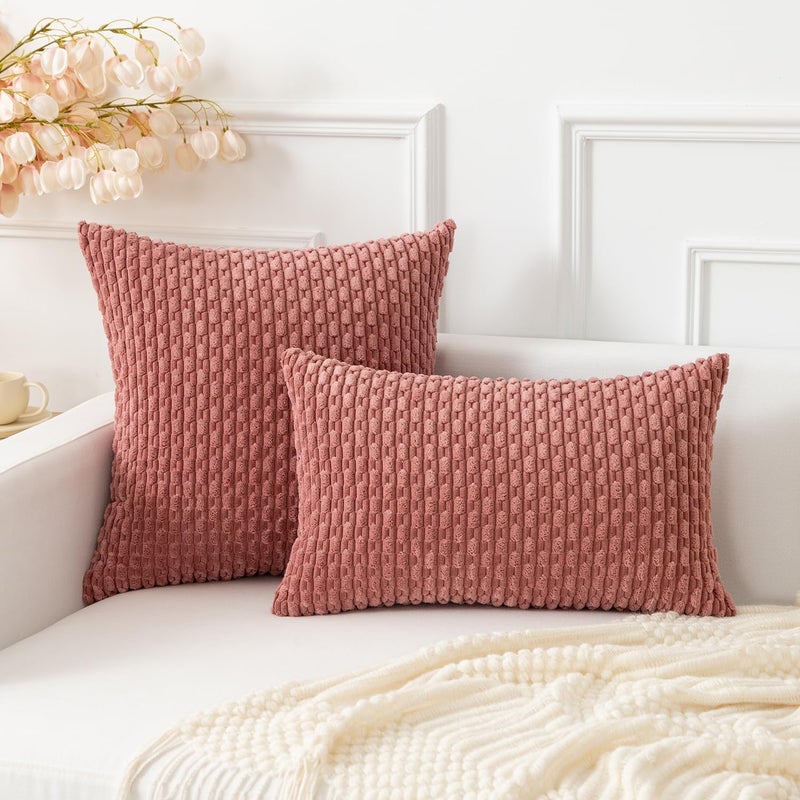 K KEVIN TEXTILE Kevin Textile Throw Pillow Covers Soft Corduroy Decorative Set of 2 Boho Striped Pillow Covers Pillowcases Valentines Day Farmhouse Home Decor for Couch Bed Sofa Living Room 18x18 Inch Blush Pink - Image 4