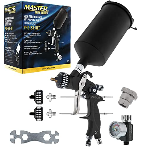 Master Airbrush Master Elite High Performance PRO-33 Series HVLP Spray Gun Ultimate Kit - 3 Fluid Tip Sets 1.3, 1.4 & 1.8mm and Air Pressure Regulator Gauge, MPS Cup Adapter - Automotive Basecoat, Clearcoat Primer - Image 1