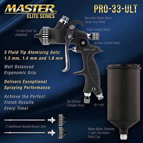 Master Airbrush Master Elite High Performance PRO-33 Series HVLP Spray Gun Ultimate Kit - 3 Fluid Tip Sets 1.3, 1.4 & 1.8mm and Air Pressure Regulator Gauge, MPS Cup Adapter - Automotive Basecoat, Clearcoat Primer - Image 3