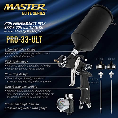 Master Airbrush Master Elite High Performance PRO-33 Series HVLP Spray Gun Ultimate Kit - 3 Fluid Tip Sets 1.3, 1.4 & 1.8mm and Air Pressure Regulator Gauge, MPS Cup Adapter - Automotive Basecoat, Clearcoat Primer - Image 2