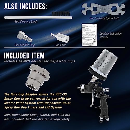 Master Airbrush Master Elite High Performance PRO-33 Series HVLP Spray Gun Ultimate Kit - 3 Fluid Tip Sets 1.3, 1.4 & 1.8mm and Air Pressure Regulator Gauge, MPS Cup Adapter - Automotive Basecoat, Clearcoat Primer - Image 4