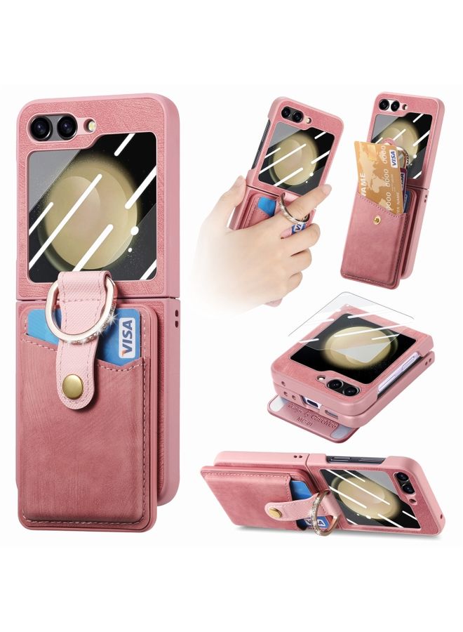 Case Cover For Samsung Galaxy Z Flip5 5G Integrated Magnetic Card Wallet Diamond-encrusted Ring Phone Case (Pink)