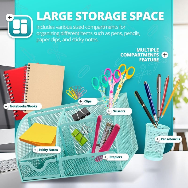 Flexzion Desk Caddy Organizer Set (Green) - Metal Mesh Desktop Caddy with Drawers, 6 Compartments, and Pencil Holder for Women & Men - Desktop Organizer and Storage for Work or Office Supplies - Image 3